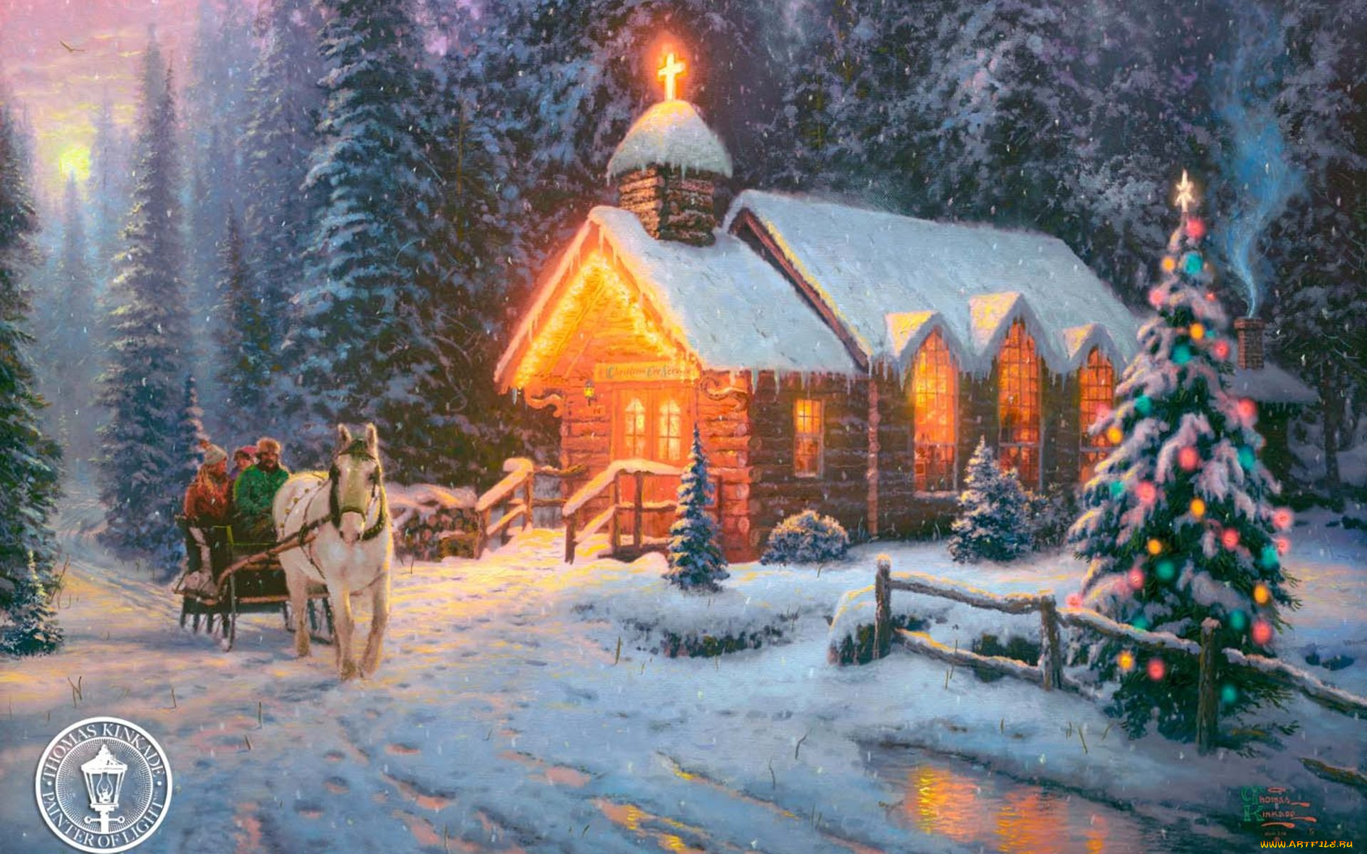 thomas, kinkade, рисованные, зима, снег, церковь, ёлка, сани, лошадь, рожде...